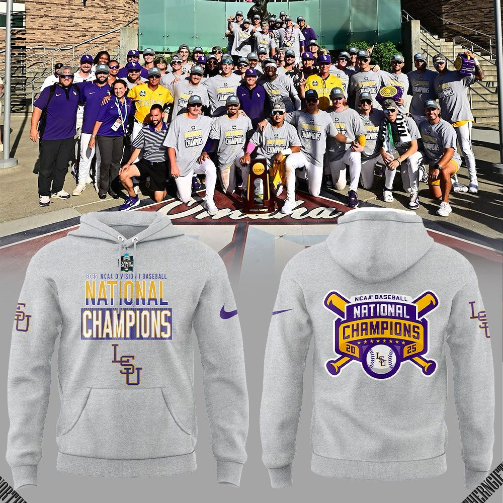 LSU 2025 NCAA Baseball Champions Fans Grey Hoodie