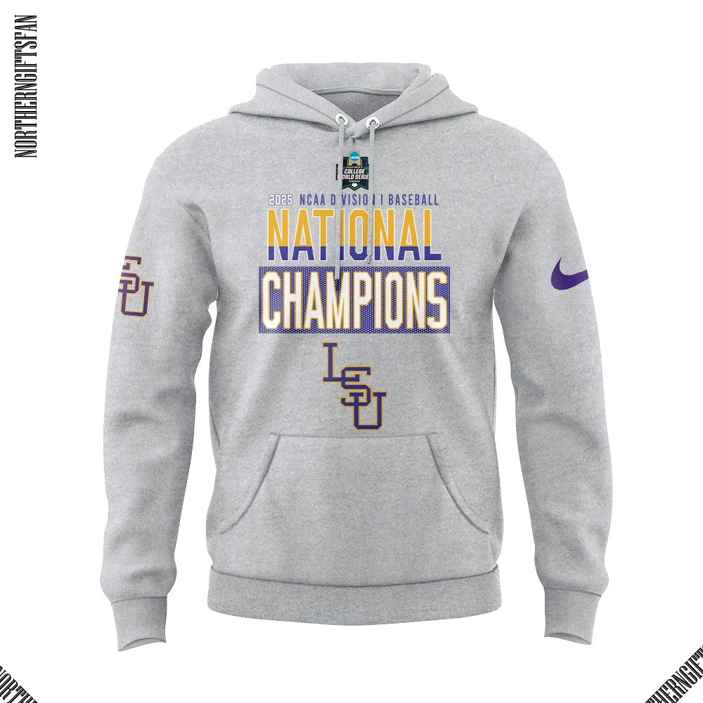 LSU 2025 NCAA Baseball Champions Fans Grey Hoodie