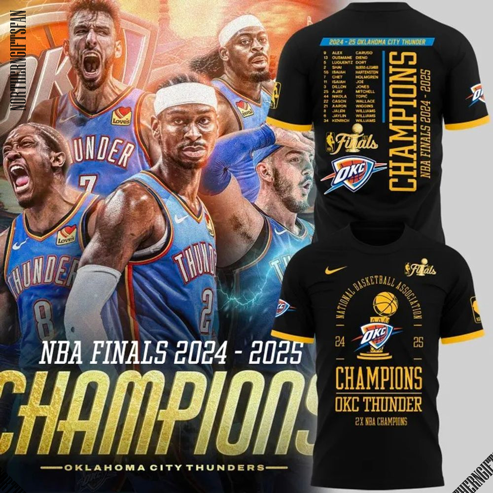 OKC First Time 2025 NBA Champions Black Signature For Fans T-Shirt