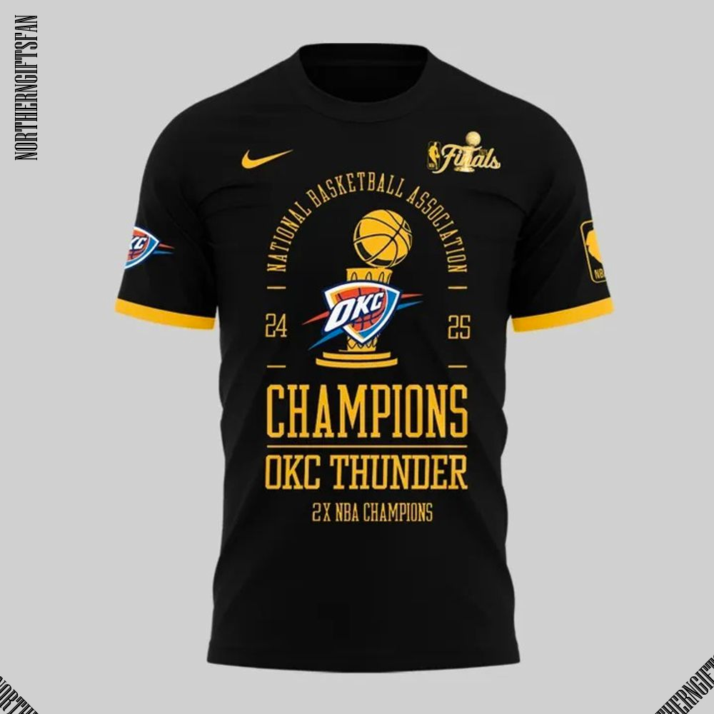 OKC First Time 2025 NBA Champions Black Signature For Fans T-Shirt