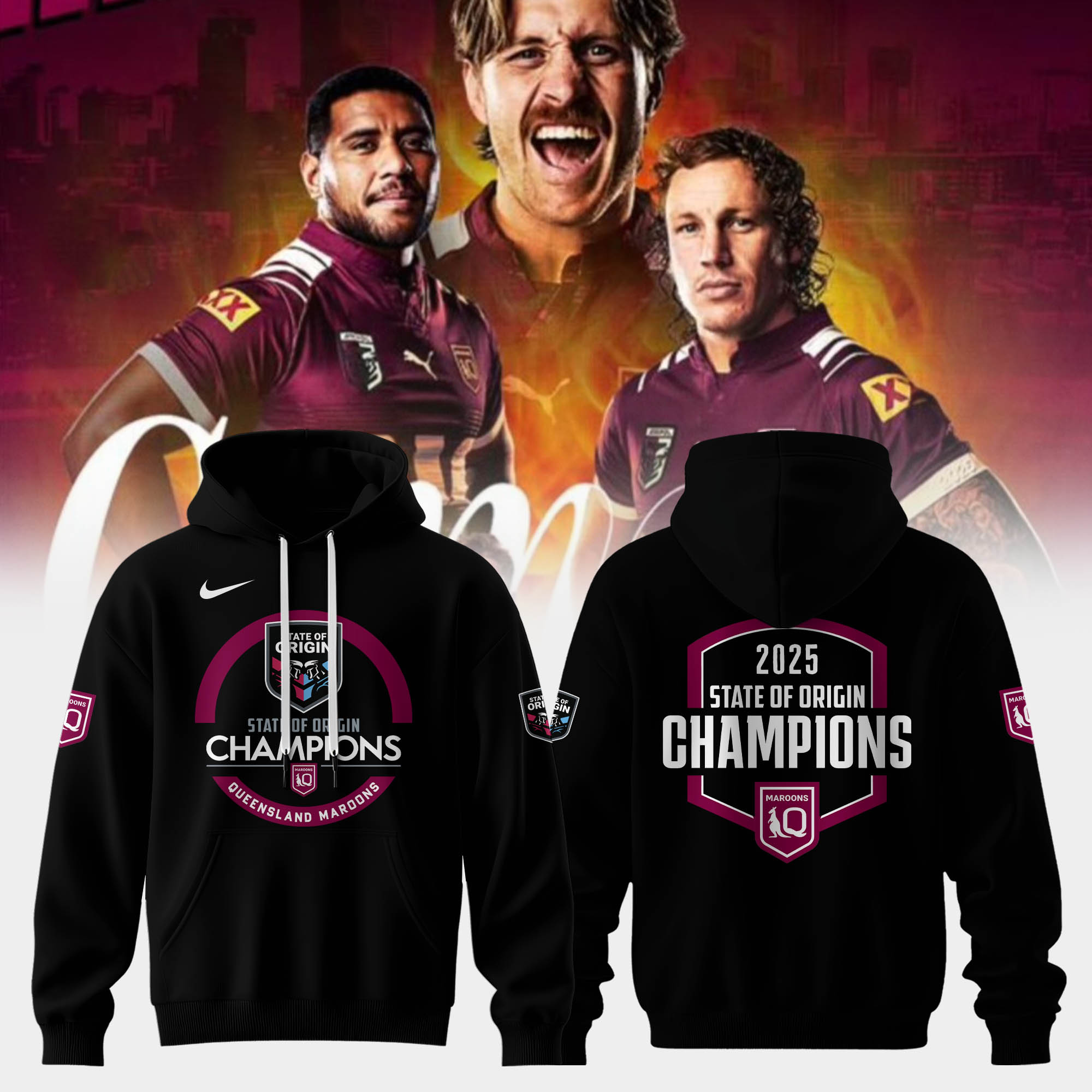 Queensland Maroons – State of Origin Champions 2025 Black T-Shirt
