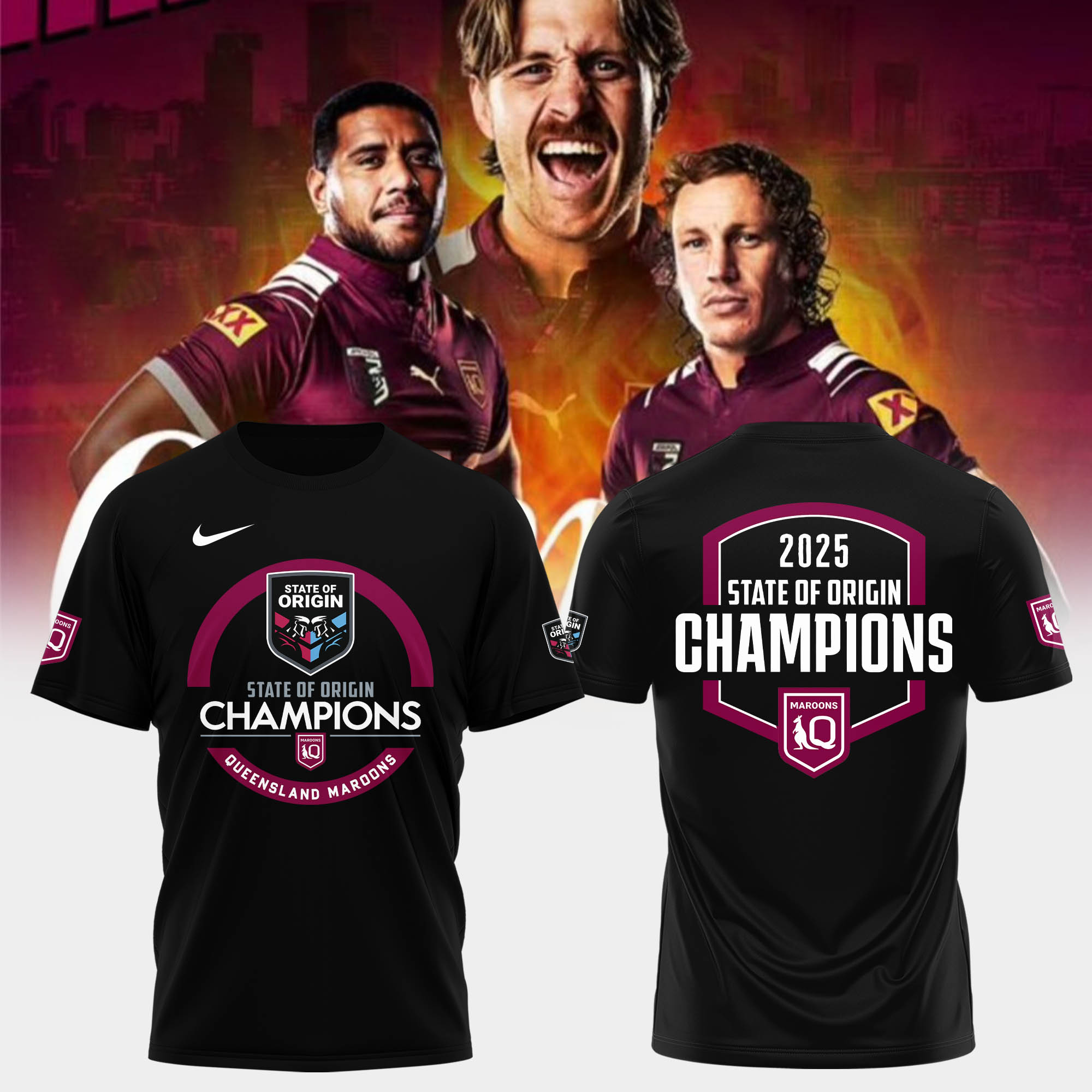 Queensland Maroons – State of Origin Champions 2025 Black T-Shirt