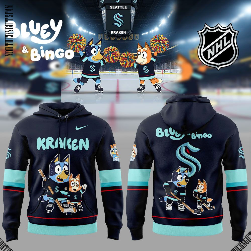 Seattle Kraken 2025 Bluey and Bingo Hoodie Seattle Kraken 2025 Bluey and Bingo Hoodie