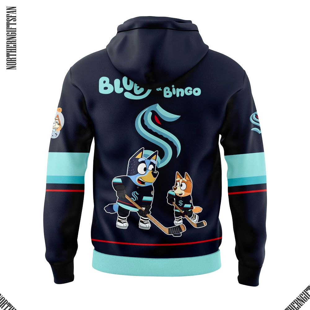 Seattle Kraken 2025 Bluey and Bingo Hoodie Seattle Kraken 2025 Bluey and Bingo Hoodie